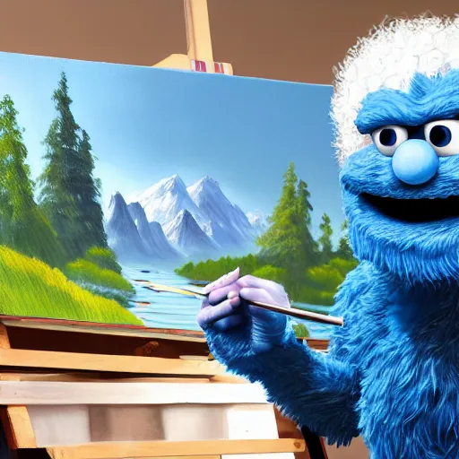 Image similar to a closeup photorealistic photograph of bob ross working on a canvas painting of cookie monster. film still. brightly lit scene. mountains and trees. this 4 k hd image is trending on artstation, featured on behance, well - rendered, extra crisp, features intricate detail, epic composition and the style of unreal engine.