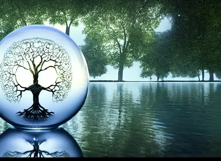 Image similar to glowing transparent crystal ball on a beautiful lake, radiant light, tree of life inside the ball, intricate details, reflections on the water, ripples, moody sky, hyperdetailed illustration by mark brooks, by yuumei, unreal engine 5, low light