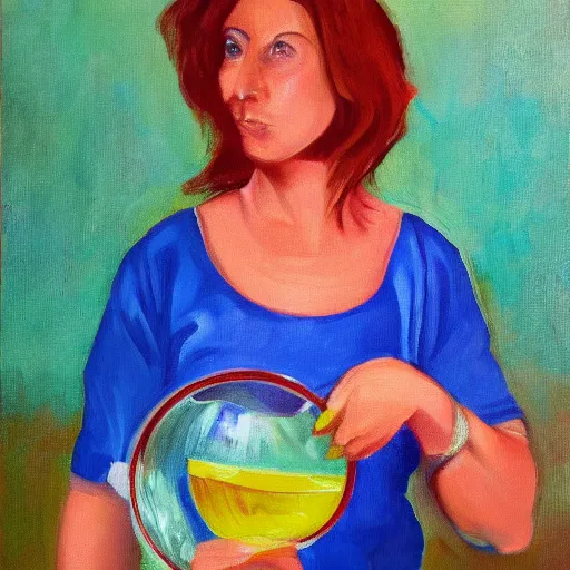 Prompt: a beautiful woman holding a gift. The gift is a fishbowl. The fishbowl has fish inside. Colorful. Oil on canvas.