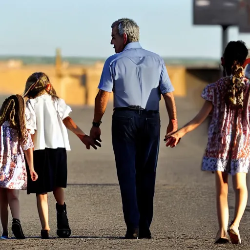 Image similar to jeffrey epstein walking two little girls into the sunset