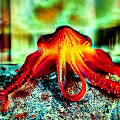 Image similar to fiery whimsical emotional eyes cephalopod, in a photorealistic macro photograph with shallow dof