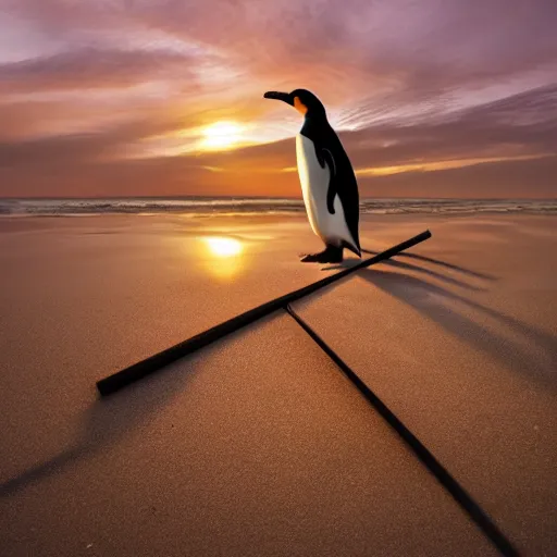 Image similar to photo of a penguin writing mathematics with a stick in the sand, sunset natural geographic, award winning