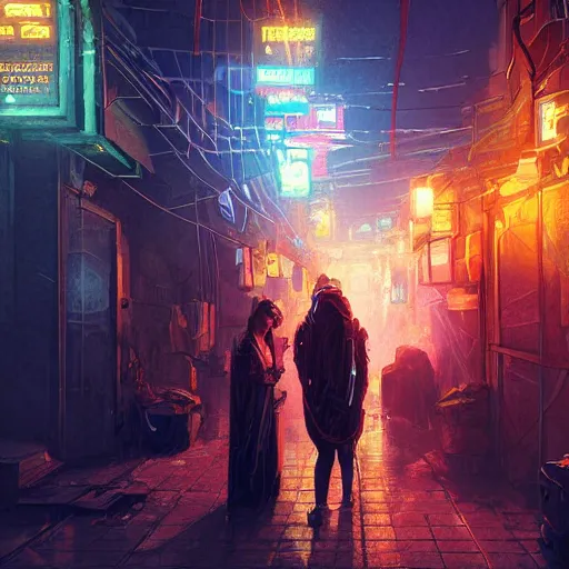 Prompt: two people haggling, detailed digital illustration by greg rutkowski, cyberpunk back alley, nighttime, colorful lighting, android netrunner