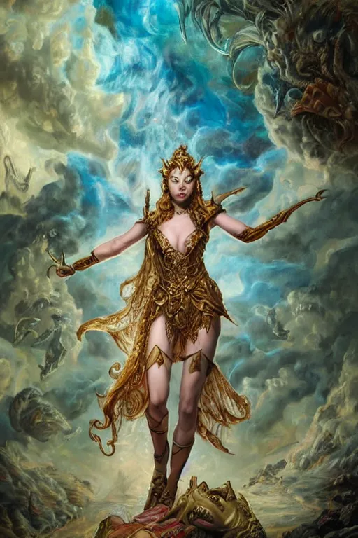 Image similar to A fantasy comic book style portrait painting of Cory Chase, hybrid, Anya Taylor-Joy, as an Atlantean Reptilian Warrior, François Boucher, Oil Painting, Mystical, Modest, Valkyrie, wearing intricately designed, jewel inlaid Armor, unreal 5, DAZ, hyperrealistic, octane render, Regal, Refined, Detailed Digital Art, RPG portrait, William-Adolphe Bouguereau, Michael Cheval, Walt Disney (1937), Steampunk, dynamic lighting, Highly Detailed, Cinematic Lighting, Unreal Engine, 8k, HD