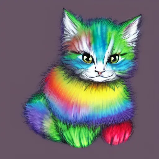 Image similar to wide angle full body, of a fluffy cute rainbow kitten wearing a black motorcycle jacket, concept art