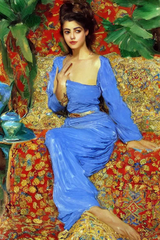 Image similar to gorgeous iranian girl wear detailed golden blue dress big tree palm pot and lay down on a detailed persian carpet, painting by john singer sargent