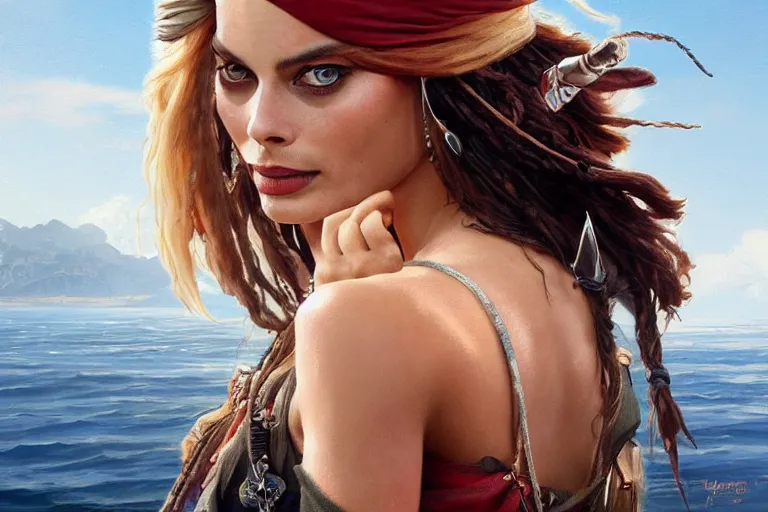 Image similar to Margot Robbie as Jack Sparrow pirate, elegant, sun shines in the sky, blood in the seahighly, detailed, digital painting, artstation, concept art, smooth, sharp focus, illustration, art by artgerm and greg rutkowski and alphonse mucha