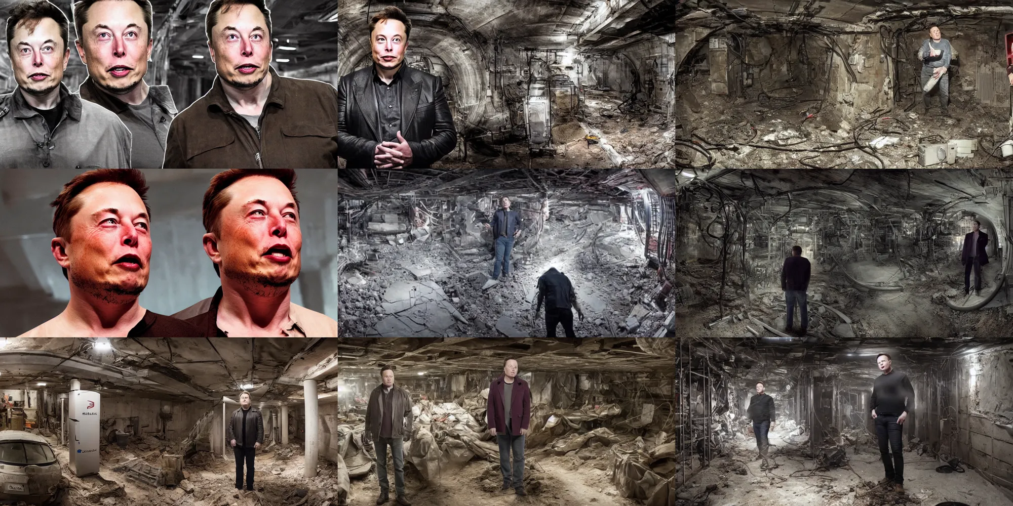 Prompt: elon musk captured in a basement famine found footage hdr