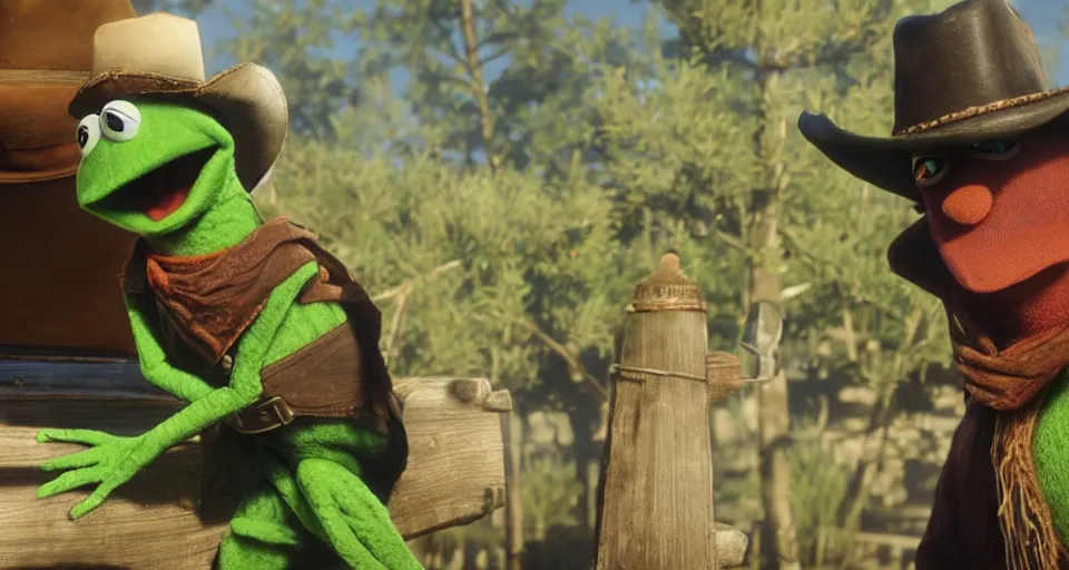 Prompt: Screenshot of Kermit the Frog as a 3d cowboy in full cowboy attire in the videogame 'Red Dead Redemption 2'. Sharpened. 1080p. High-res. Ultra graphical settings.