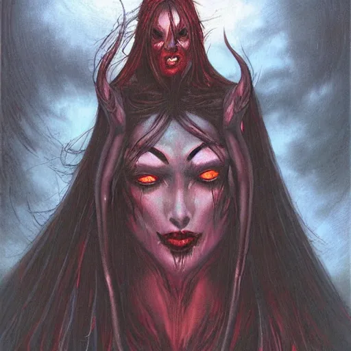 Image similar to portrait of erinyes demon, misty night, beautiful! coherent! by brom! deep colors, strong lines, high contrast