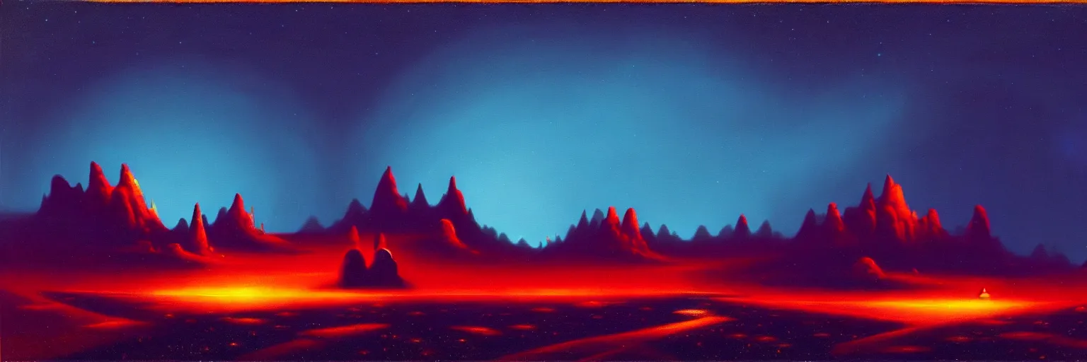 Image similar to cartoon paul lehr narrow night landscape with farawaymountains dark blue tones