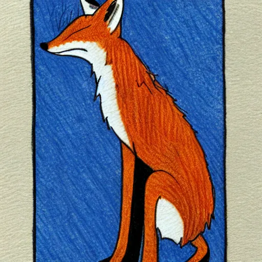 Image similar to colored pencil drawing of a fox in a waistcoat Iooking through a microscope