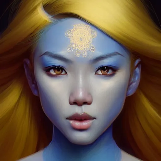 Prompt: filipino girl blue - yellow hair nasal strip, intricate, elegant, highly detailed, my rendition, digital painting, artstation, concept art, smooth, sharp focus, illustration, art by artgerm and greg rutkowski and alphonse mucha and uang guangjian and gil elvgren and sachin teng, symmetry!!