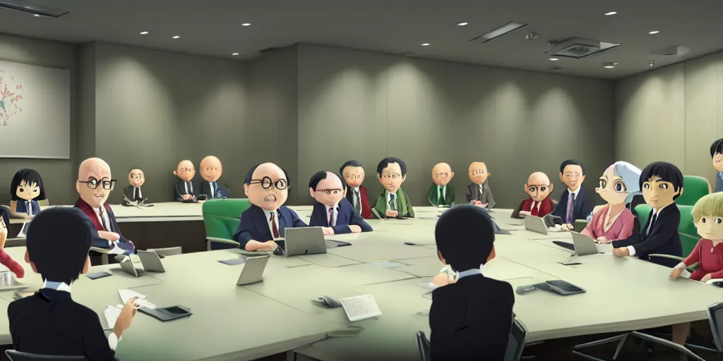 Prompt: a wholesome animation key shot of a conference room full of executives and notes like a board room in skyscraper by studio ghibli, nicoletta ceccoli, mark ryden, lostfish, max fleischer, detailed and intricate environment, bloom, 8 k resolution, hyperrealistic, octane render, vivid colors, bright, cheerful, detailed and intricate environment