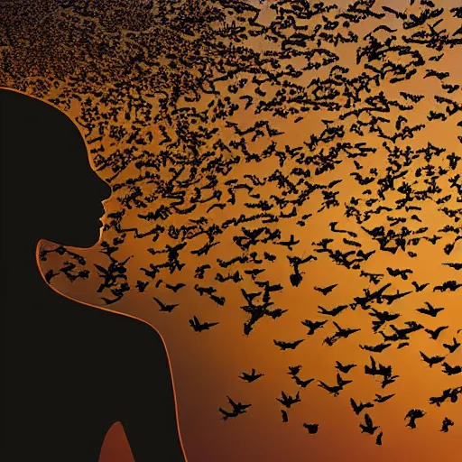 Prompt: swarm of bats in the shape of a woman, high resolution photograph, dawn light