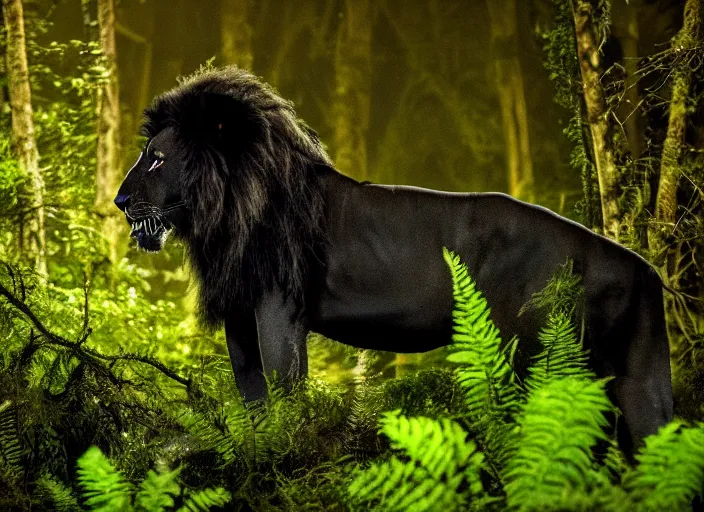 Image similar to professional wildlife photograph of a black lion standing in a dark jungle at night, surrounded by dense trees, moss, ferns, volumetric lighting, apex predator, natgeo