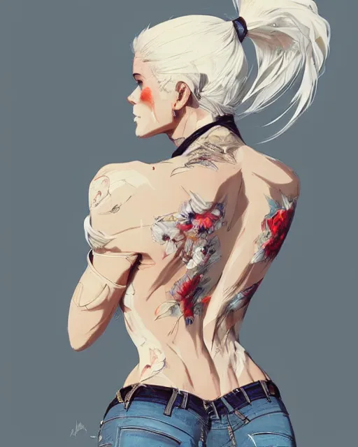 Image similar to a ultradetailed beautiful back painting of a stylish woman with white hair in a short pony tail, she is wearing jeans, by conrad roset, greg rutkowski and makoto shinkai trending on artstation