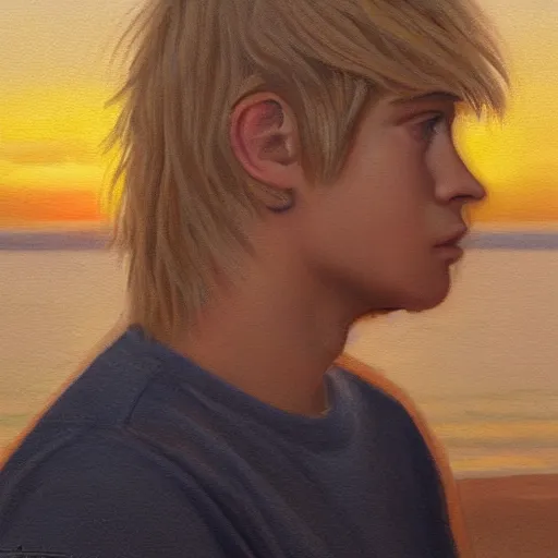 Image similar to a teen guy with a blonde mullet, portrait, sunset, ocean in distance, oil painting, pale colors, high detail, 8 k, wide angle, trending on artstation,