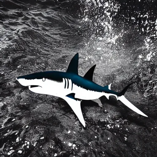 Image similar to a shark made of paper, ocean, underwater photo