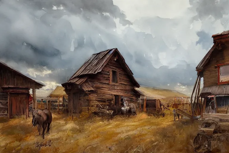 Prompt: paint brush strokes, abstract watercolor painting of american frontier western viking town, straw roof, approaching storm, cinematic light, american romanticism by hans dahl, by jesper ejsing, by anders zorn, by greg rutkowski, by greg manchess, by tyler edlin