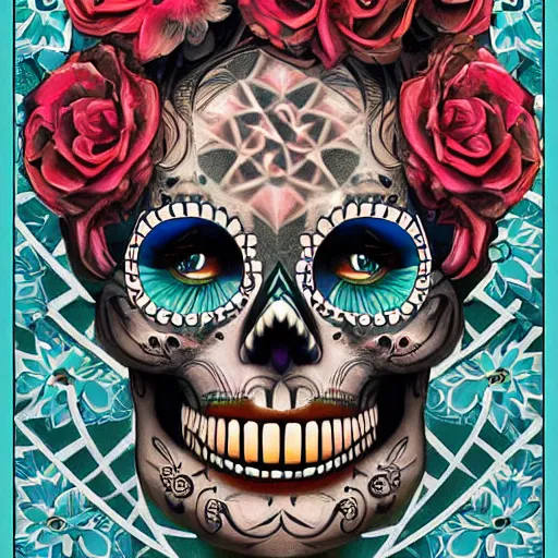 Prompt: A highly stylized digital HD photorealistic rendering of the face of a tattooed Day of the Dead skull smiling head and shoulders three-quarters view, with flowers, intricate patterns on face, on a poster promoting AI art