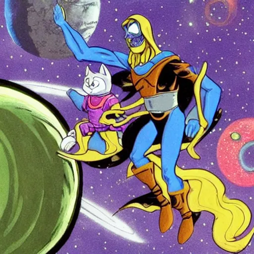 Image similar to skeletor from the he - man cartoon show riding an adorable black cat through outer space