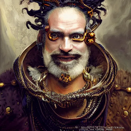 Prompt: portrait, headshot, insanely nice hair style, digital painting, of a old 17th century, old cyborg merchant, amber jewels, baroque, ornate clothing, scifi, realistic, hyperdetailed, chiaroscuro, concept art, art by Franz Hals and Jon Foster and Ayami Kojima and Amano and Karol Bak,