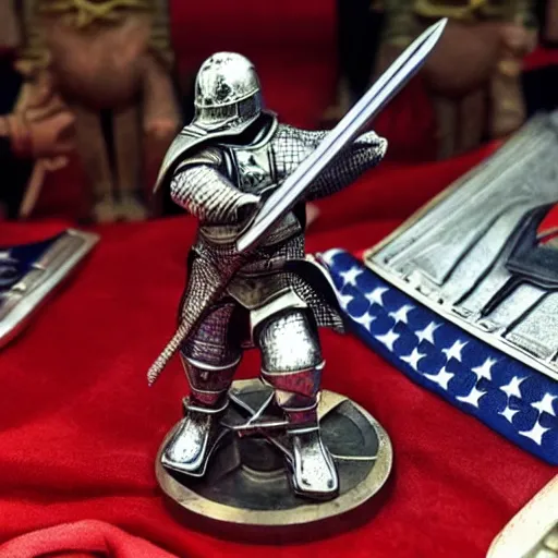 Image similar to donald trump, knights armor, one broadsword, by hans holdein, donald trumps highly detailed handsome face, two arms, two legs, knights armor