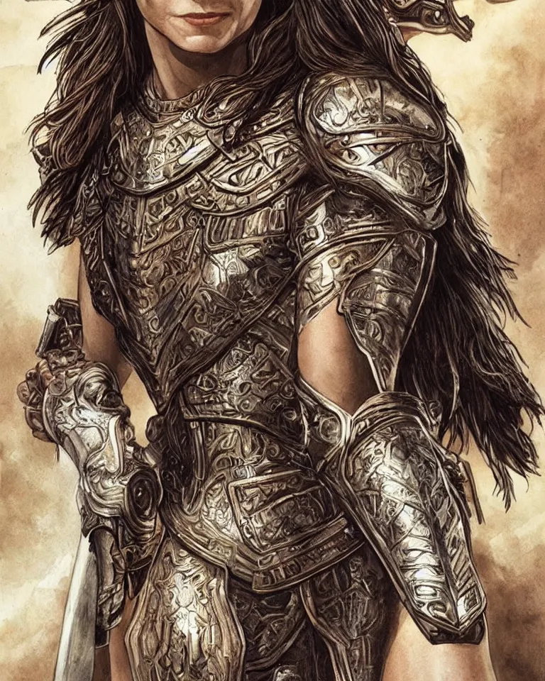 Image similar to a young jodie foster as an amazon warrior, tall and beautiful with brown skin and long hair, dressed in hellenistic body armor, intricate, elegant, highly detailed, smooth, sharp focus, detailed face, art by ardian syaf