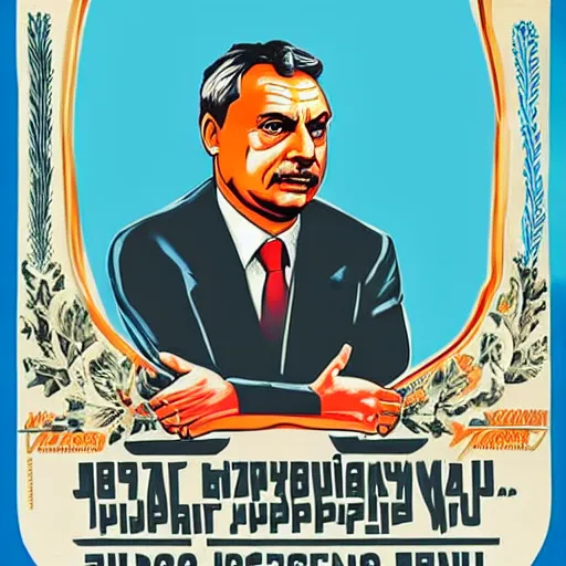 Image similar to hungarian prime minister viktor orban sitting on the knee of joseph stalin, propaganda poster art, highly detailed, colored