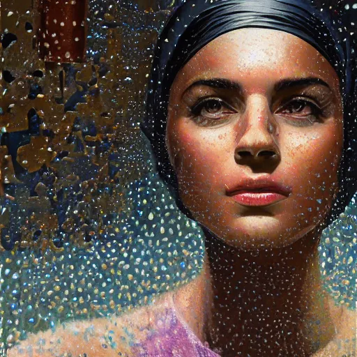 Image similar to detailed face of an arabic woman, terrazzo courtyard, moment, tectonic sky, skydome, reactor, utopian, tech noir, wet reflections, prism, atmospheric, ambient, pj crook, syd mead, livia prima, artgerm, greg rutkowski, nick alm, casey baugh