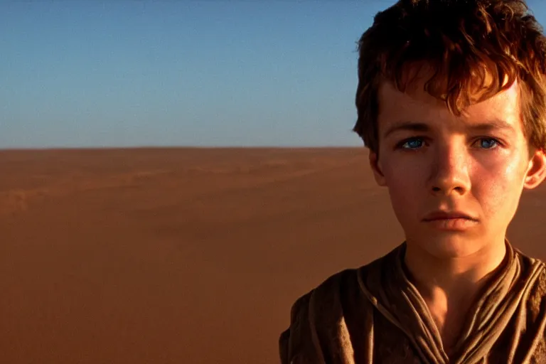 Image similar to a cinematic headshot portrait of a boy in the movie dune, in a serene vast desert, film still, cinematic, movie still, dramatic lighting, 1 6 : 9 ratio