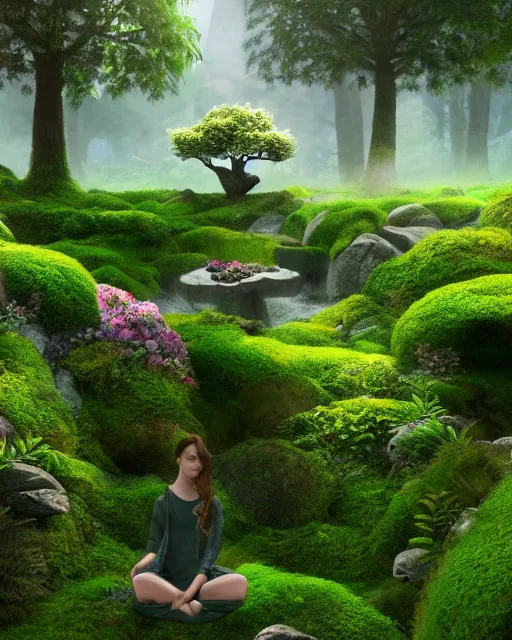 Image similar to hyper realistic render of a heavenly garden of peace, filled with trees, stone slab, flowers, moss, ferns, a girl meditating at a distance, trending on artstation, volumetric lighting, hyper realistic, hyper detailed, high quality render, blender guru