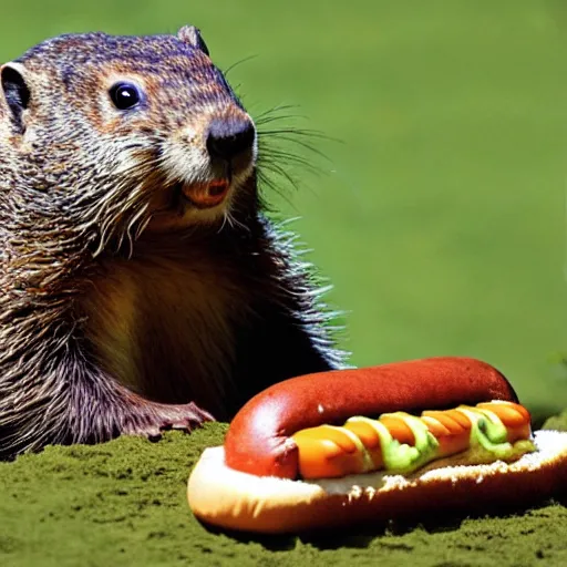 Prompt: a groundhog eating a hot dog