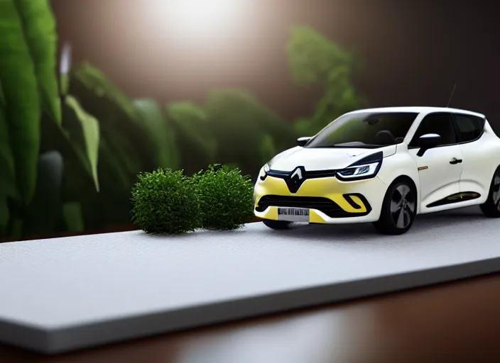 Prompt: a small miniature of a Renault Clio on a white table near a book and a vase with a plant, 3d render, octane render, unreal engine 5, path tracing, serene landscape, calm, relaxing, beautiful landscape, highly detailed, high quality, 4k, symmetrical, low contrast