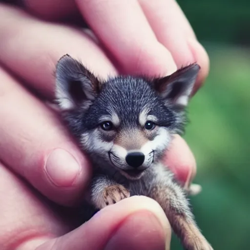 Image similar to photo of a tiny pet wolf in the palm of a hand