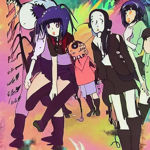 Image similar to an anime film by miyazaki of studio ghibli, of a pastel goth neon rainbow vampire woman learning how to walk in a runway full of weird spirit creatures, old vintage vhs, scan lines, grainy quality, real anime