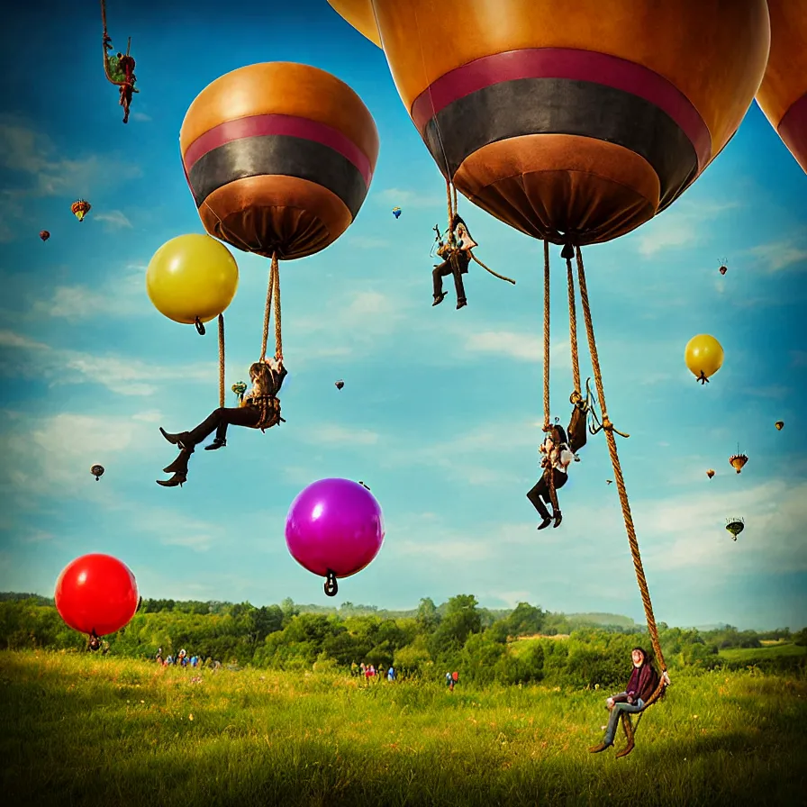 Image similar to large colorful steampunk balloons with people on rope swings underneath, flying high over the beautiful countryside landscape, professional photography, 8 0 mm telephoto lens, realistic, detailed, digital art, unreal engine