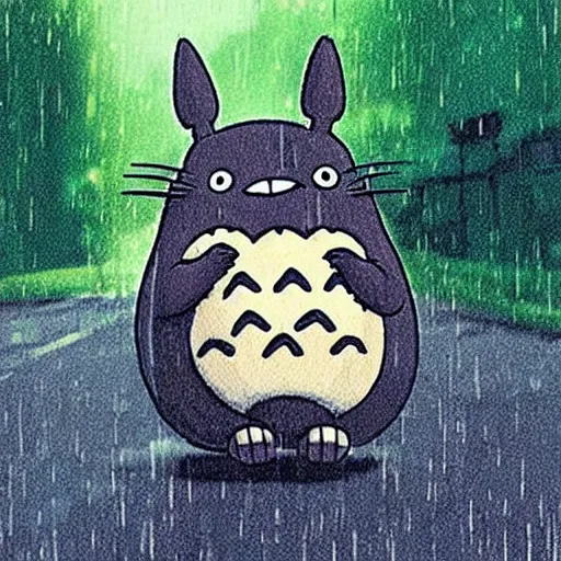 Prompt: Totoro is hailing a cab in the rain