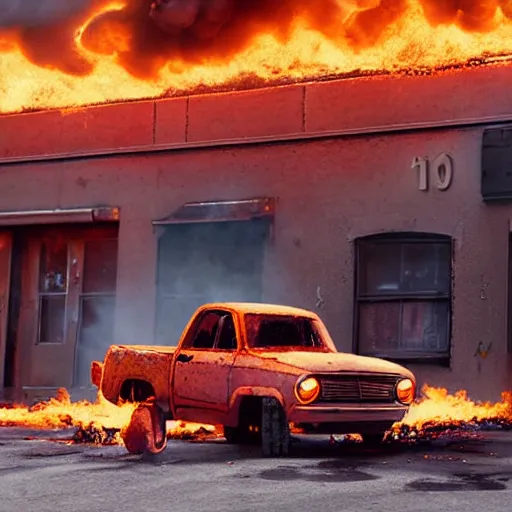 Image similar to photograph of a rusty dodge ram on fire in the street by simon stalenhag