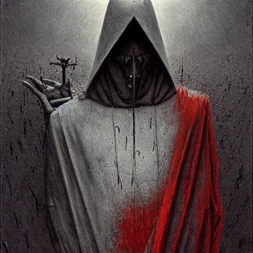 Prompt: The faceless god of chaos in a hood with a scarlet scythe by zdislav beksinski