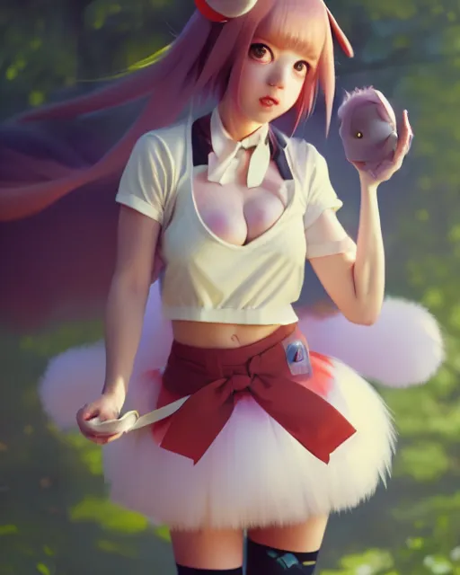 Image similar to photo of eevee pokemon humanisation, in nice fluffy skirt and ribbon, film still, dslr, by greg rutkowski, gil elvgren, enoch bolles, ross tran, artgerm, wlop, glossy skin, pearlescent, very coherent