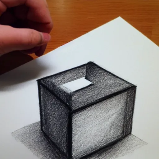 Prompt: An educational artist's demonstration of a single simple cube drawn in one point perspective. Sketch.