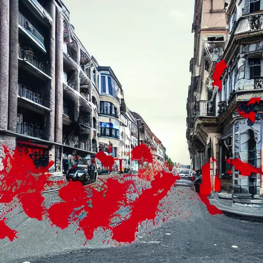 Image similar to A British European City with cars and people roaming inside of the city, certain aspects of the background are lens blurred, splatters of red and red paint circle significant parts of the city, some of the people are even painted red, black and white photograph painting, real life, realistic, hyperrealistic, very realistic, photo photograph, photo, photograph, painting, oil painting, ultra realistic, very detailed, extremely detailed, highly detailed, HD Quality, 4k resolution, 8k resolution, trending on artstation, in the style of an Album Cover, cool, epic, nostalgic, intricate details