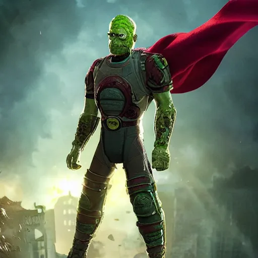 Image similar to pickle rick as superman! in gears of war, splash art, movie still, detailed face, photorealistic facial features, cinematic lighting, dramatic, octane render, long lens, shallow depth of field, bokeh, anamorphic lens flare, 8 k, hyper detailed, 3 5 mm film grain