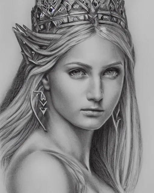 Image similar to pencil drawing of a beautiful greek goddess aphrodite wearing a laurel wreath and arrowhead earrings, beautiful confident and piercing eyes, beautiful blonde hair, hyper realistic face, in the style of greg rutkowski, fantasy, amazing detail, epic, elegant, smooth, sharp focus, from the front