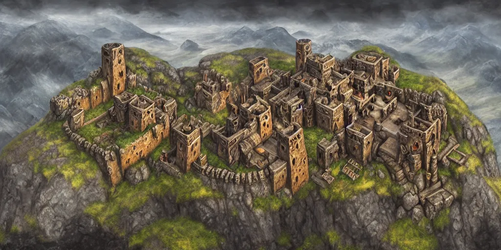 Image similar to aerial view of a dwarven fortress at the edge of a mountain range, as a matte oil painting, photorealistic, landscape, medieval fantasy, epic, smelters, forges, waterwheels, chiseled architecture, ornate, intricate, trading depots, extremely detailed, sharp focus