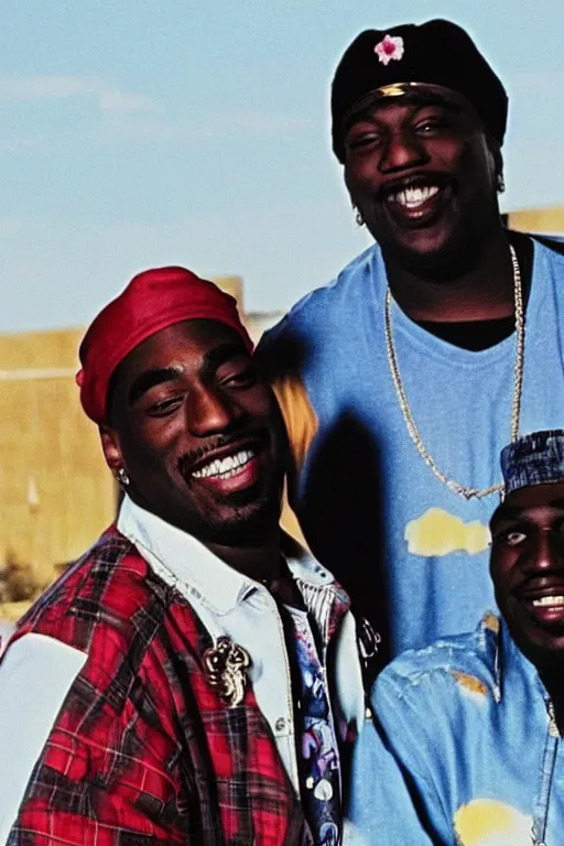 Image similar to Smiling Tupac and Biggie flying to Heaven