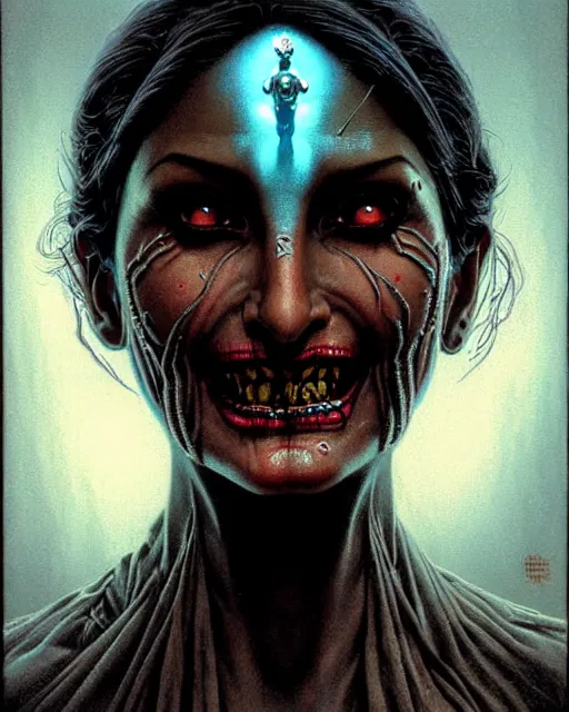 Image similar to symmetra from overwatch, character portrait, portrait, close up, concept art, intricate details, highly detailed, horror poster, horror, vintage horror art, realistic, terrifying, in the style of michael whelan, beksinski, and gustave dore