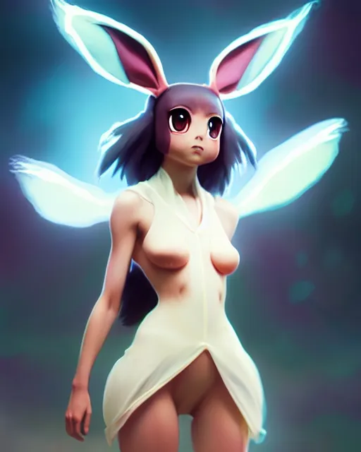 Image similar to photo of eevee pokecmon humanisation, film still, dslr, by greg rutkowski, enoch bolles, ross tran, artgerm, wlop glossy skin, pearlescent, very coherent, cute